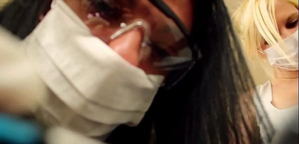  POV Double handjob Alexis Rain and Fifi Foxx dental assistants mask and gloves